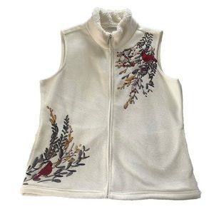 Croft & Barrow Vest Cardigan Sz S Embroidered White Fleece Zip Cardinal Birds